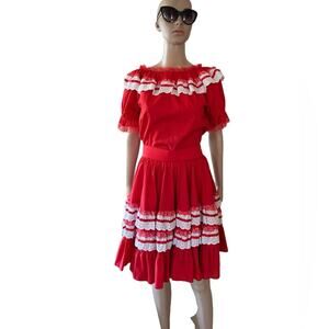 VTG Fashions by Betty Square Dance Set 6 Off The Shoulder Ruffle Skirt White Red